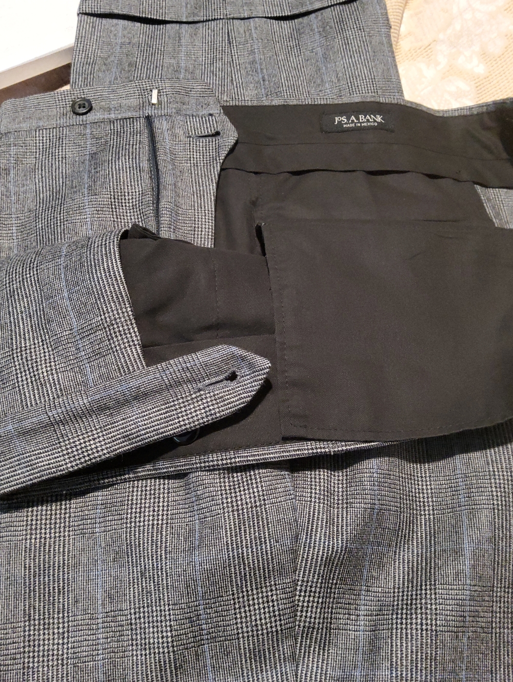 Jos. A. Bank Gray Glen Plaid Trousers with Blue Windowpane, Satin Knee Liner.